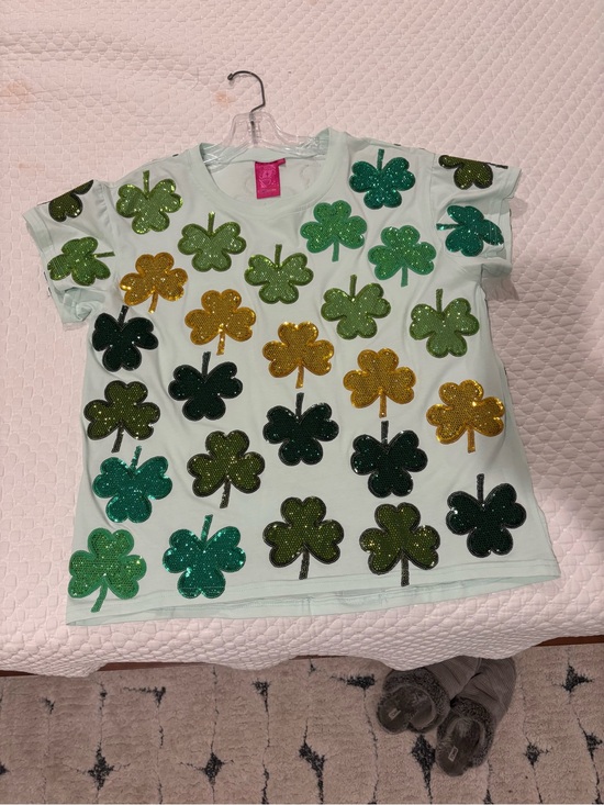 QUEEN OF SPARKLES Tops - QOS Mint Green Sequin Shamrock T-Shirt